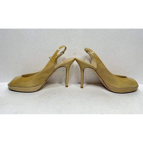 Jimmy Choo Patent Leather Tan High Heels Slingback Peep Toe Womens Size 7 / 37 - Picture 9 of 11